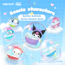 Sanrio Characters Bubble Bathtub Blind Bag Bean Series featuring cartoon characters in bubbles, a toy, and a snowman.