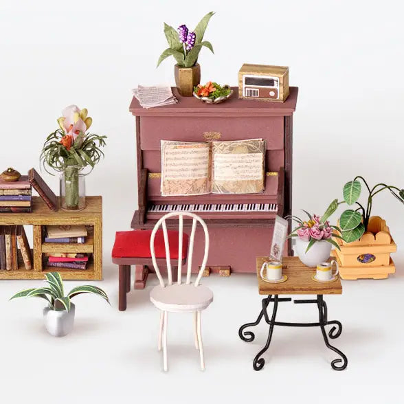 A miniature furniture set with plants, piano, and a cozy ambiance reminiscent of Simon's Coffee Diy Mini House Cafe Shop. Embrace DIY fun with Robotime|Rolife Cathy's Flower House DG104.