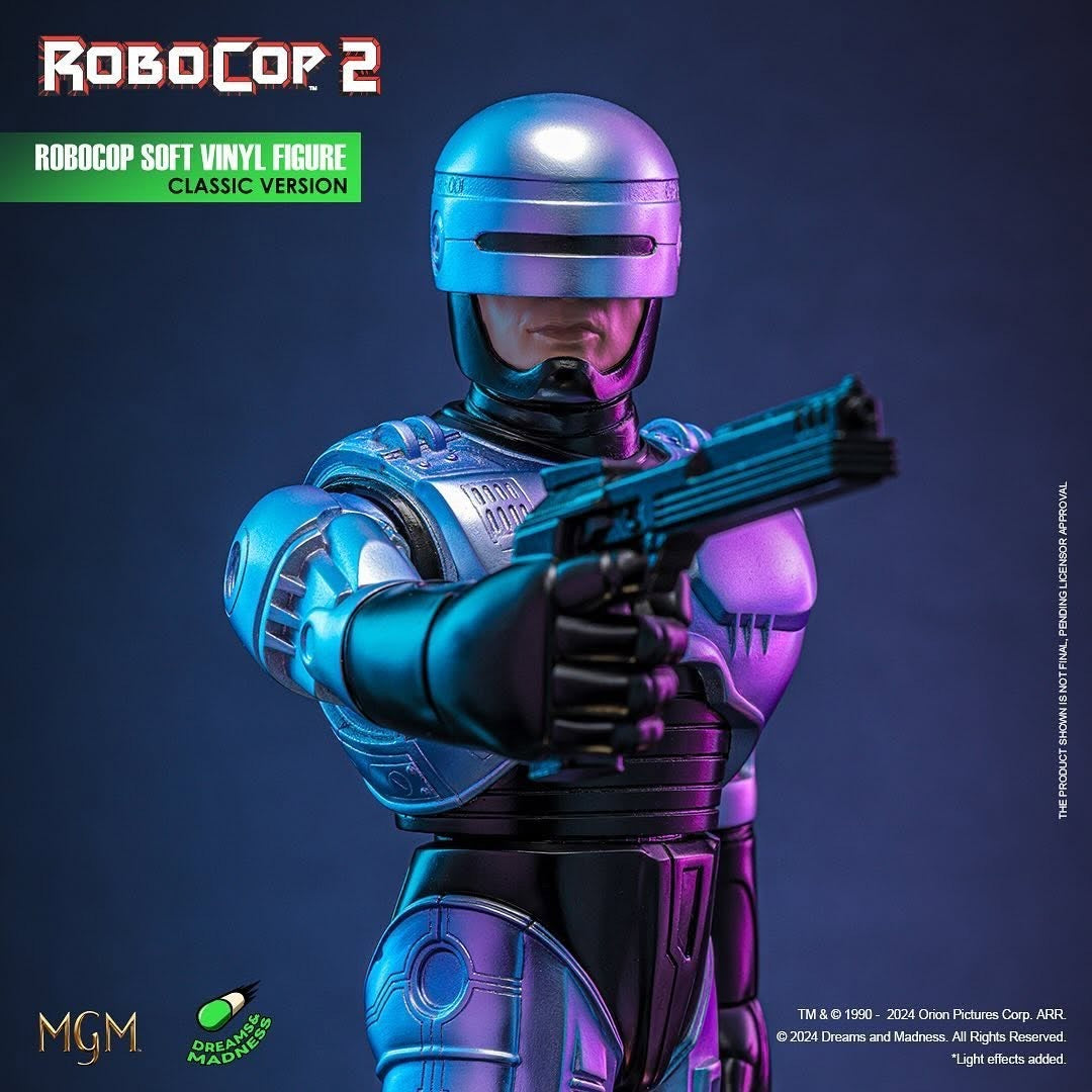 Preorder 'Dreams and Madness.' RoboCop2 Classic Version toy figure, 24cm tall, holding a gun with 8 articulation points, metallic blue finish.