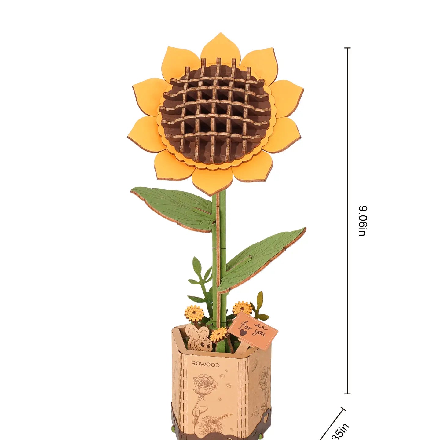Wooden sunflower 3D puzzle kit with intricate lattice design, perfect for DIY crafting and home decor. Ideal gift for DIY enthusiasts. Dimensions: 5.9 x 5.3 x 2.1 in.