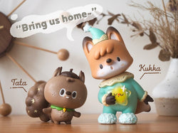 Kukka & Tata figurines, soft vinyl toys - a cute teddy bear and animal figure holding a star, small and adorable.