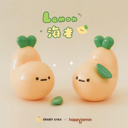 Toy figurines of a carrot and fruit with faces, part of Lemon Fried Shrimp by Crazy Eyes - Preorder, from Strangecat Toys.