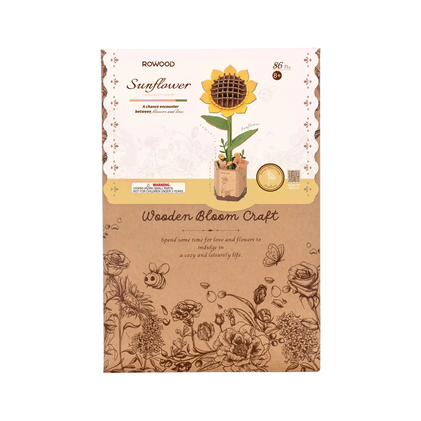 A DIY wooden flower 3D puzzle kit featuring sunflower seeds packaging, flower-themed paper, and sunflower visuals. Ideal for creative gifts and home decor. From Strangecat Toys.