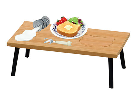 A wooden table with a plate of bread, fork, and a white liquid, showcasing Life With Cats Re-ment Blind Box Series from Strangecat Toys.