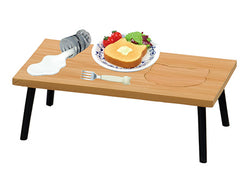 A wooden table with a plate of bread, fork, and a white liquid, showcasing Life With Cats Re-ment Blind Box Series from Strangecat Toys.