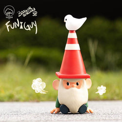 Toy gnome with cone on top by Booger Garden, close-up detail of vinyl figure with bird accessory, part of Strangecat Toys collection.