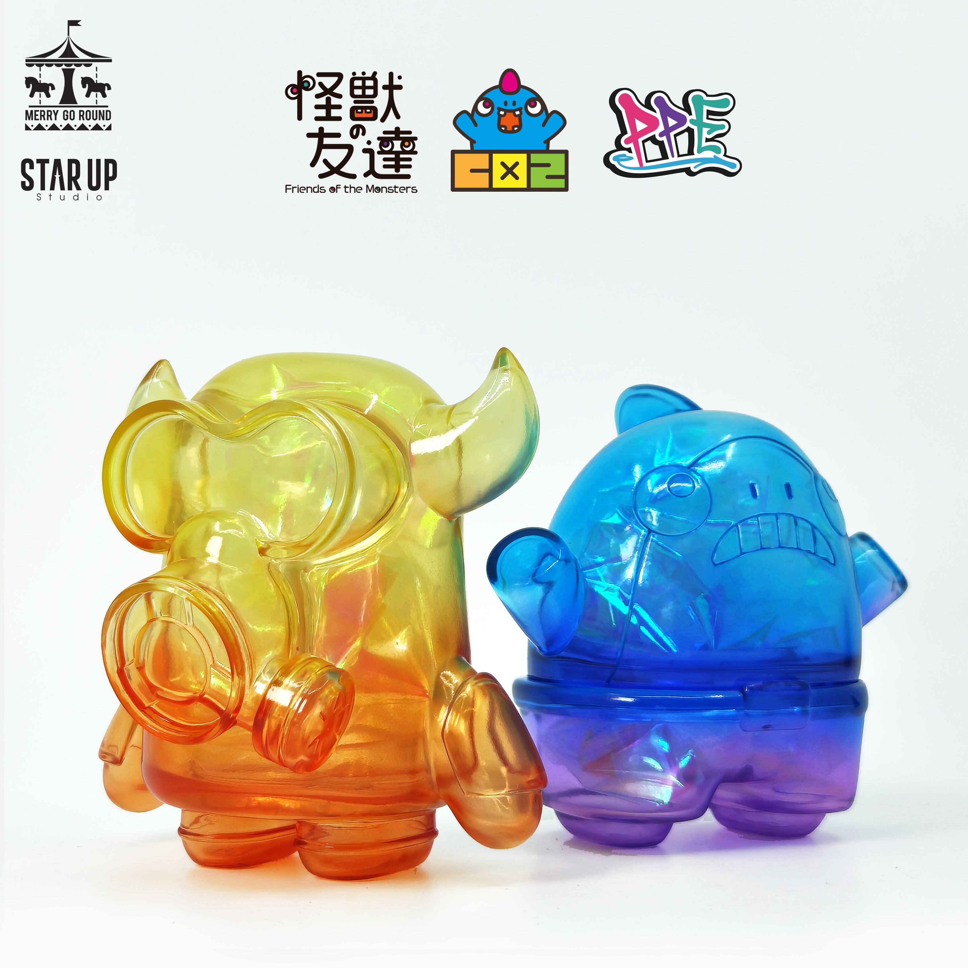 SHARK & MUSK BULL toy with cartoon animal figures and a piggy bank container, by Takanori Komishi, soft vinyl 6.