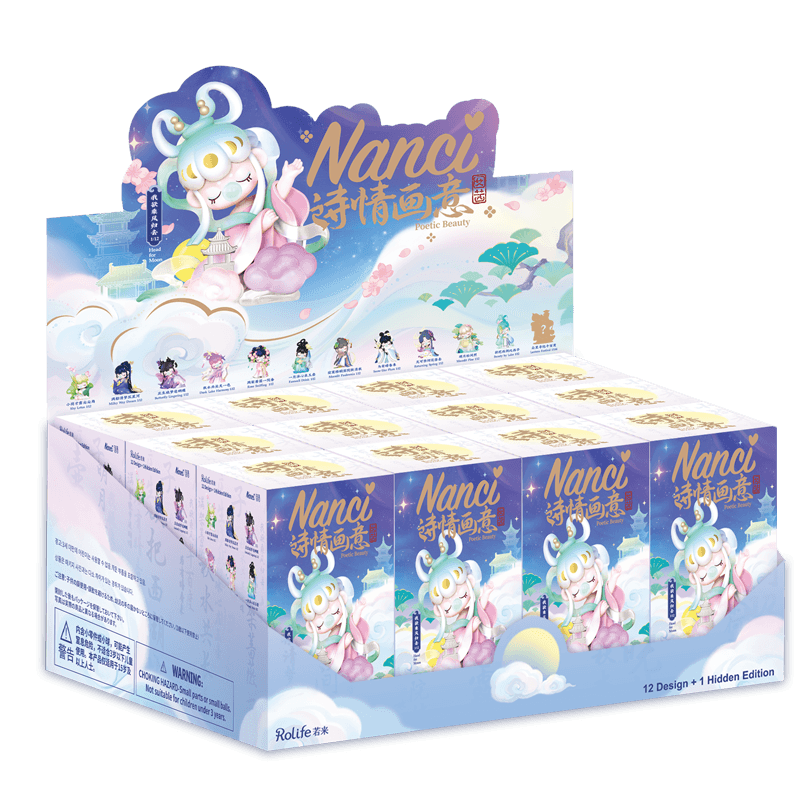 ZPXX Nanci series Poetic Beauty Doll Surprised Box featuring cartoon characters, includes 12 figures and 1 secret edition. Box displayed with cartoon illustrations.