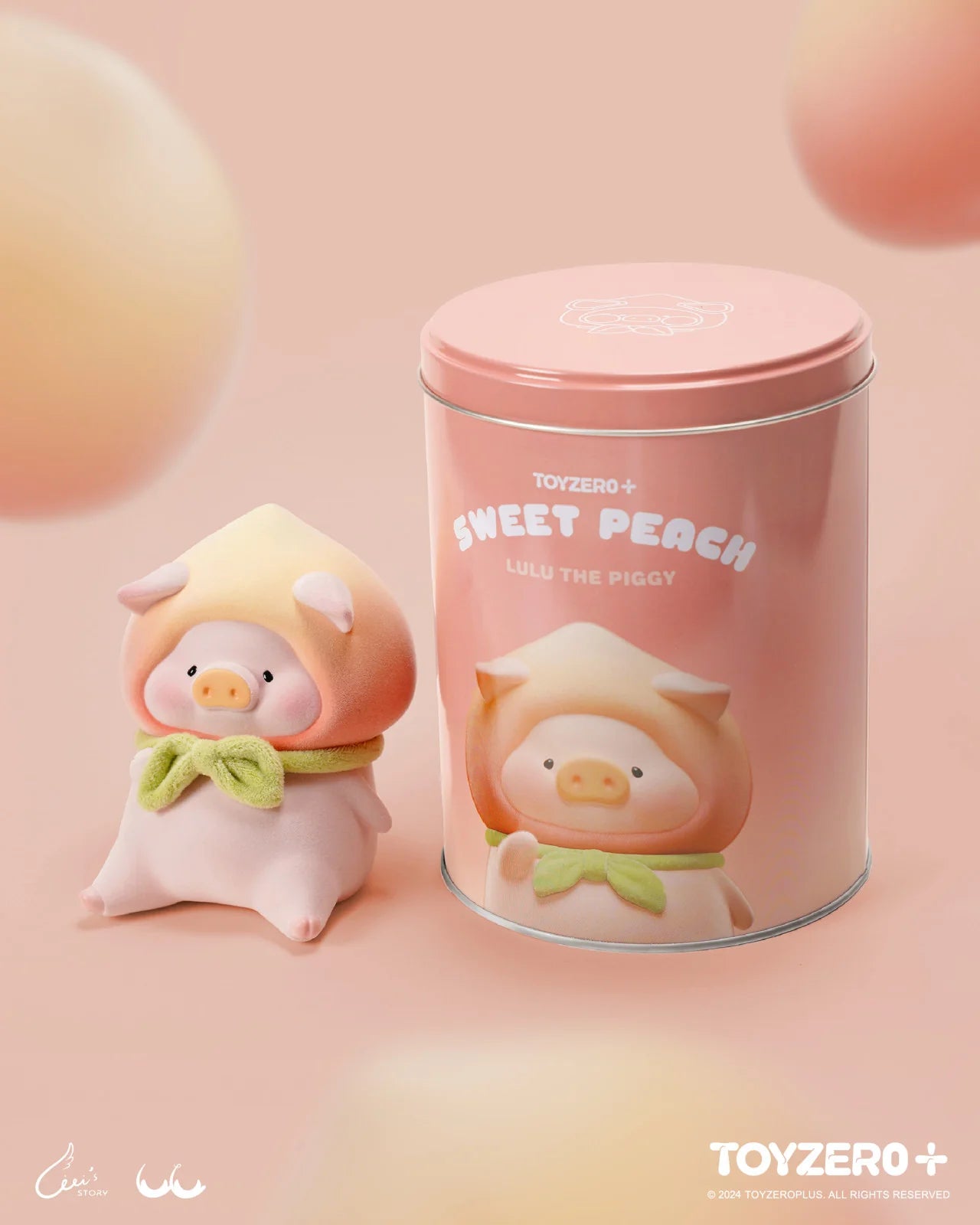 Alt text: LuLu The Piggy - XL SWEET PEACH in a pink tin with a cartoon pig, preorder for Aug 2024, 11.5cm tall.