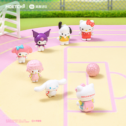 Sanrio characters Adorable Backpack Series Moetch Bean featuring small toy figurines, including a cat and fluffy doll, displayed on a playful setting.