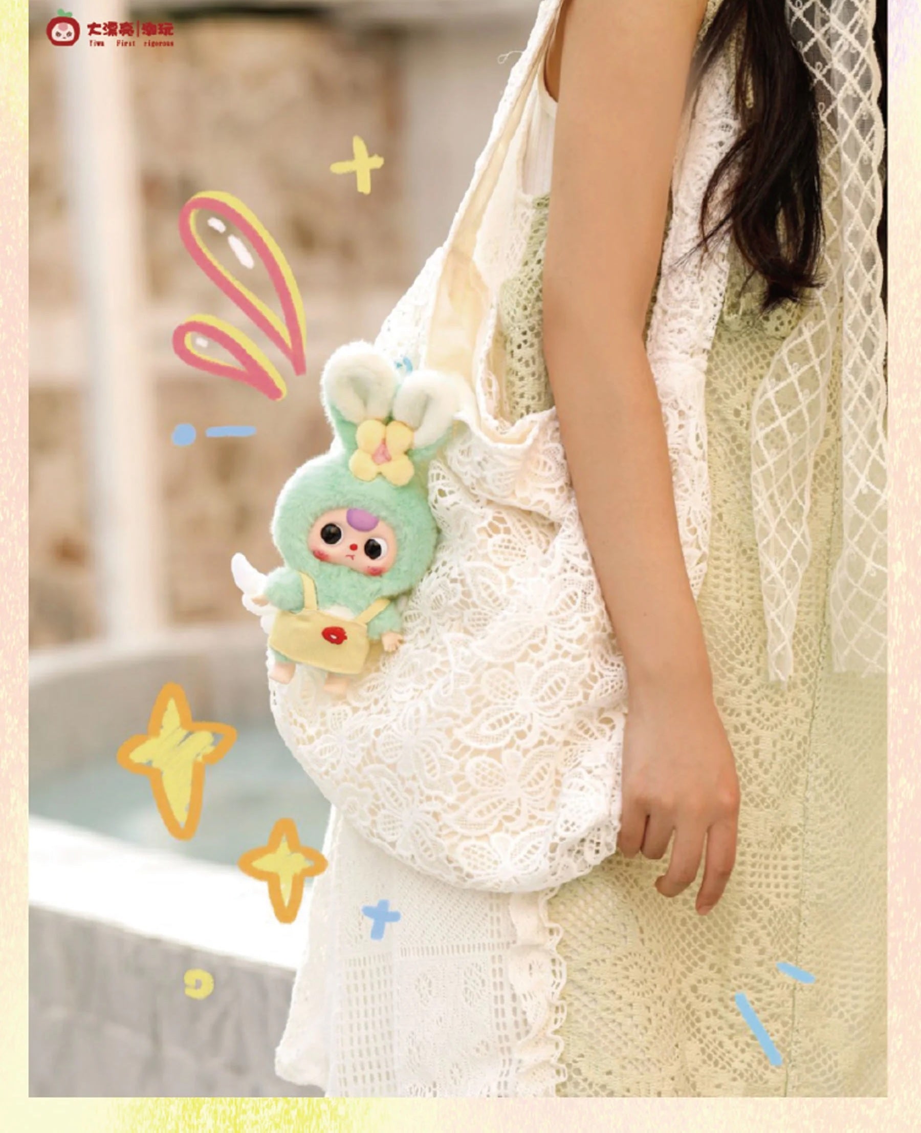 Woman holding a bag with a toy, showcasing the Baby Three Macaron Rabbit Plush Keychain Blind Box - Preorder.