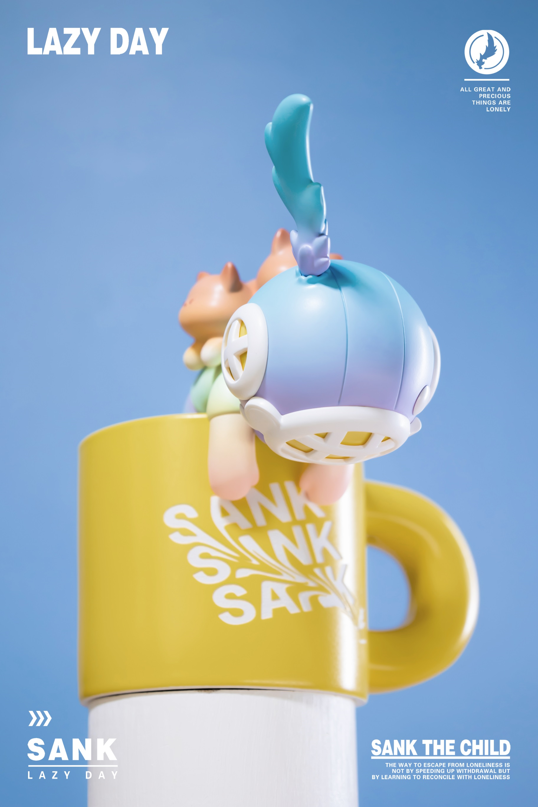 A blind box and art toy store presents: Sank-Lazy Day-Secret Garden - Preorder. Toy figurine in yellow mug, cartoon figure, resin material, limited edition. Dimensions: 8.6cm x 10.4cm x 14.7cm.