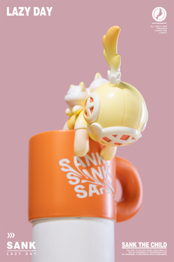 A blind box and art toy store presents Sank-Lazy Day-Sweet Home: a toy on a cup, close-up mug, logo detail. Preorder - Ships July 2024. Resin material, limited edition of 199 sets.