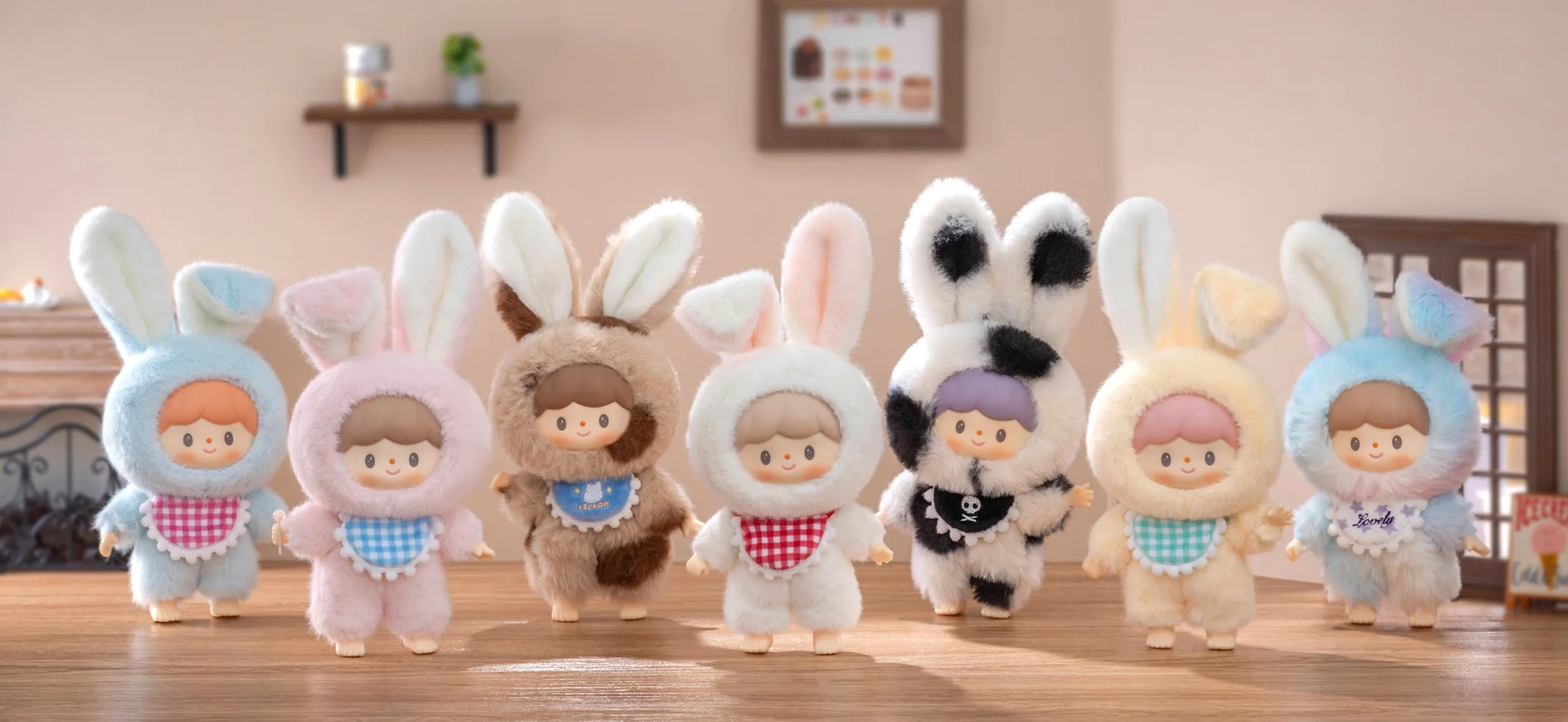 zZoton Delicious Bunny Series Blind Box featuring a variety of stuffed toys in bunny garments, part of a collectible series with 6 designs and 1 secret.