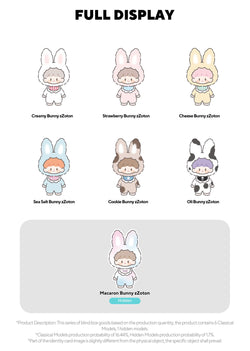 zZoton Delicious Bunny Series Blind Box featuring cartoon characters in bunny and cow garments, showcasing 6 regular designs and 1 secret option.