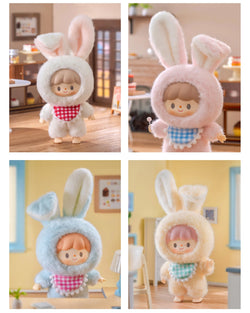 zZoton Delicious Bunny Series Blind Box featuring a collage of toys, including dolls with bunny ears and stuffed animals, reflecting whimsical and collectible designs.