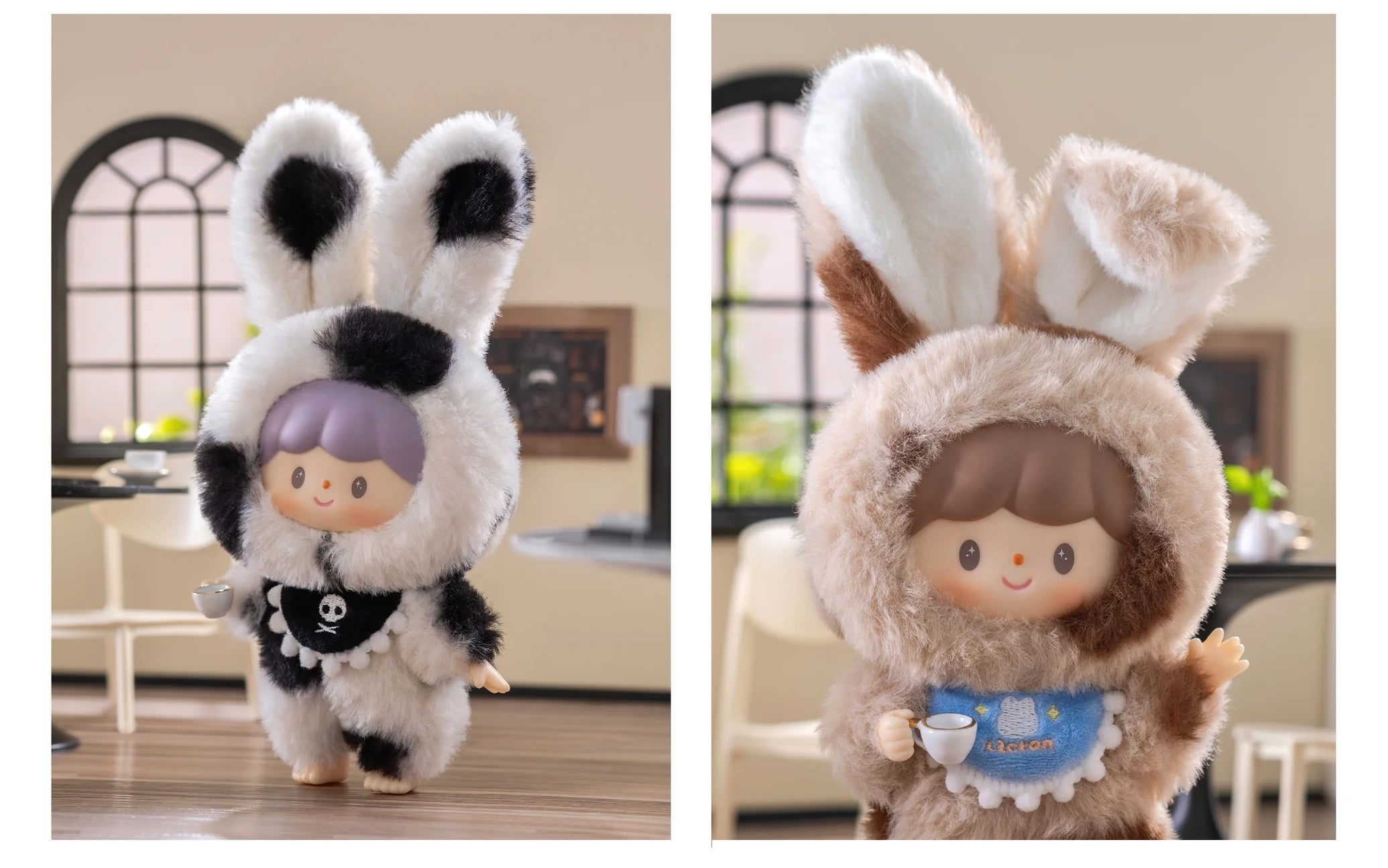 zZoton Delicious Bunny Series Blind Box featuring two plush toys, including a bunny-eared stuffed animal and another in a garment, displayed on a table.