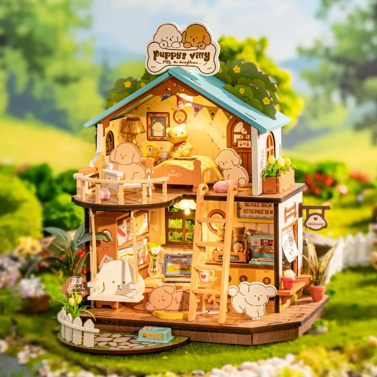 Rolife DIY Miniature House - Puppy's Cozy Villa DG169 featuring a two-story wooden cabin with dog and teddy bear figures, set on grass.