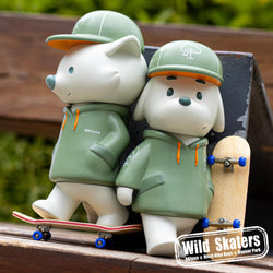 OKluna x Hitch Hike Boys - Skater Jobi & John on skateboards with wooden skateboards.