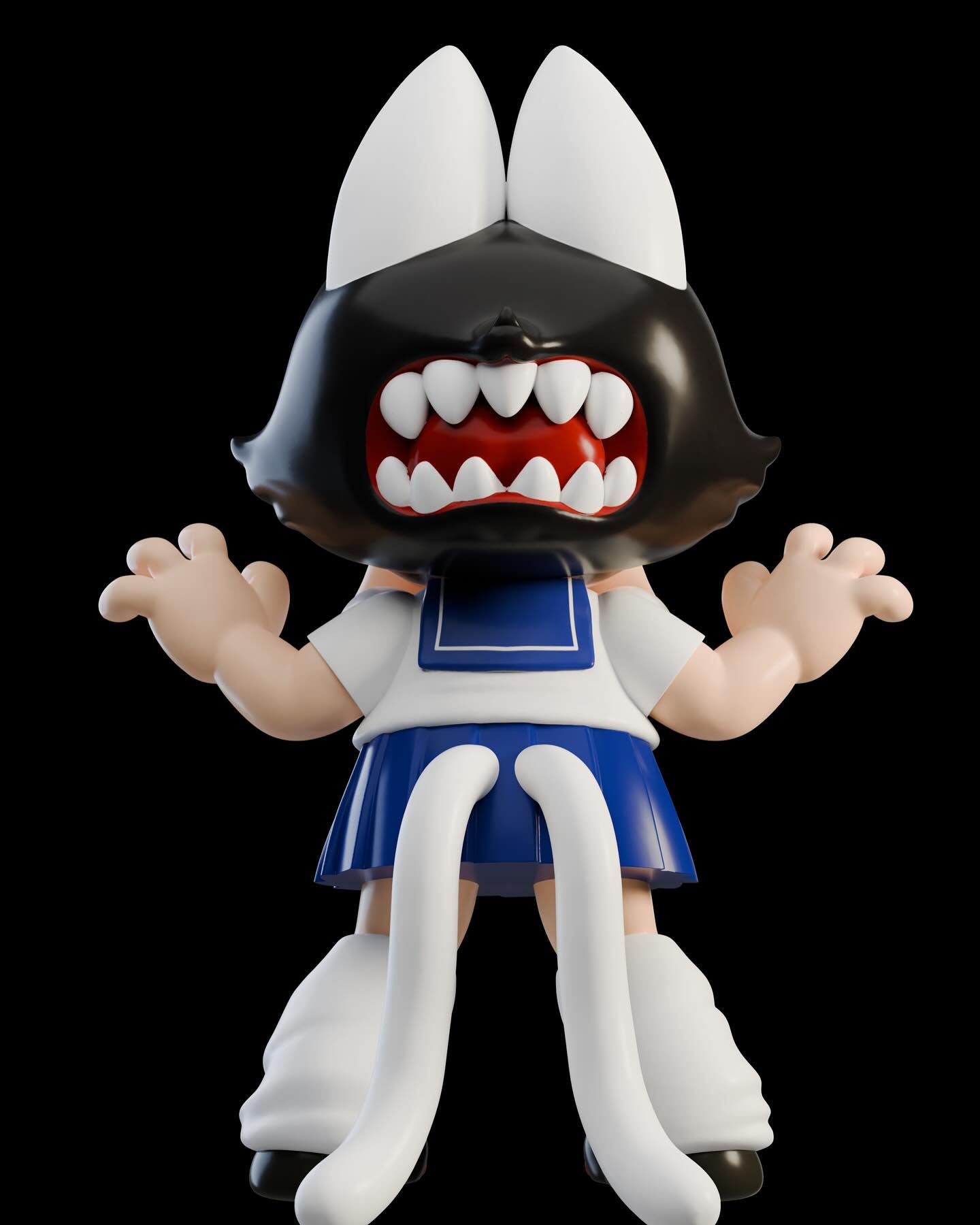 Alt text: Momochan by Abao x Grape Brain, a 20cm sofubi cartoon action figure with a black face and white ears. Preorder, ships Aug 2024.