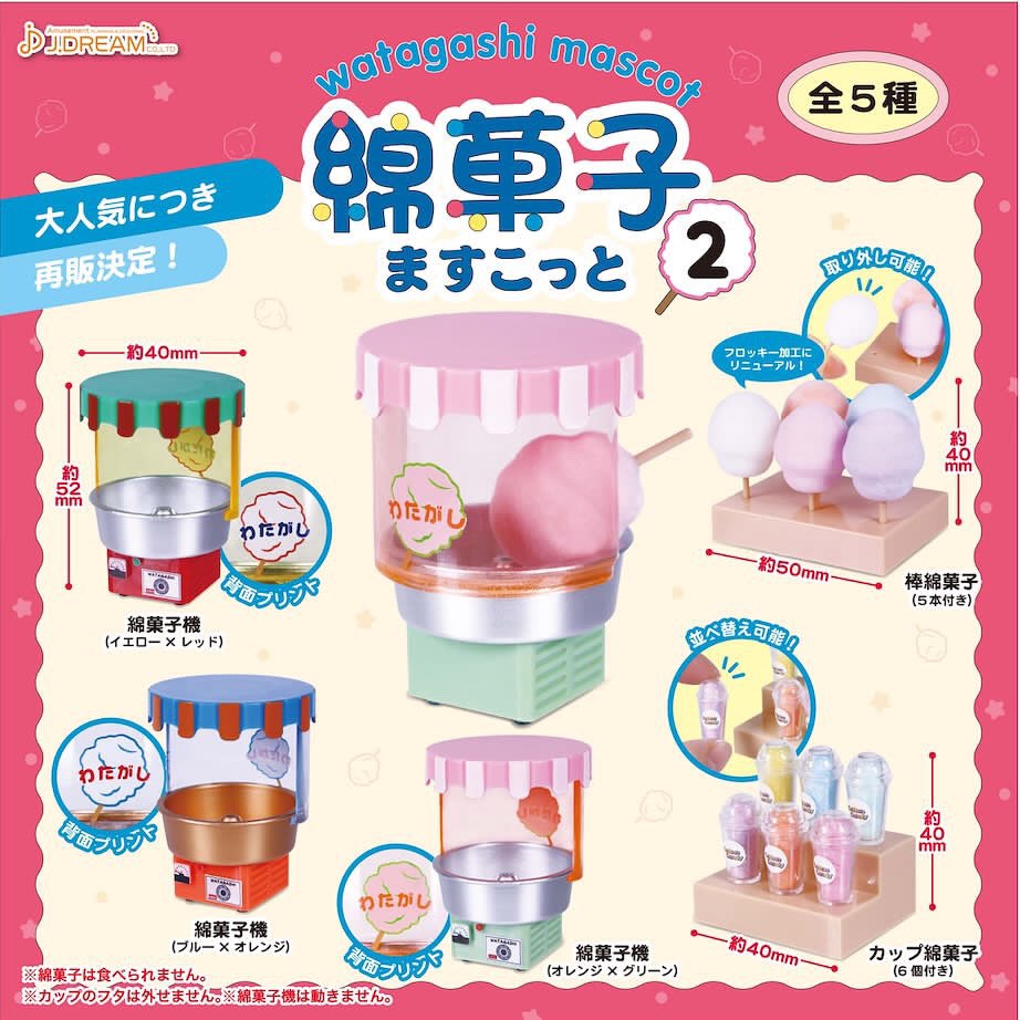 A blind box toy machine featuring Resale Cotton Candy Mascot 2 Gacha. Includes various shapes and a pink ball. Preorder now for Q3 2024.