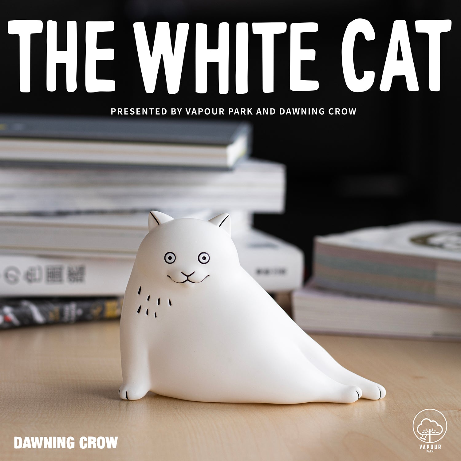 A white cat toy figurine by Dawning Crow, vinyl material, 11.5cm. Preorder - Ships Aug 2024. Captures the essence of Strangecat Toys' blind box and art toy offerings.