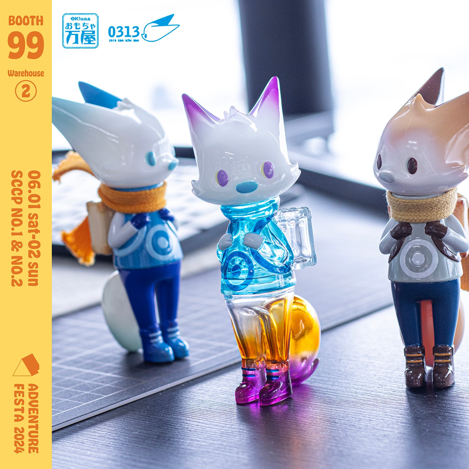 A limited edition soft vinyl toy, 0313 x okluna - Traveler Phase 3, a group of plastic toys and figurines, including a cartoon character figurine and a ceramic pig with a scarf.