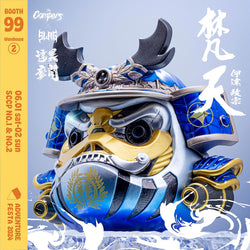 A blind box and art toy store product: DARUMA TALES FOUR - BONTEN by SLAG. Features a 13cm soft vinyl x metal toy with a blue and gold design.