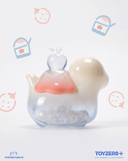 Glass toy duck with ice cubes, titled Foodie Dinosaur - Mini Fuji Kakigori, made from soft vinyl, 3 tall.