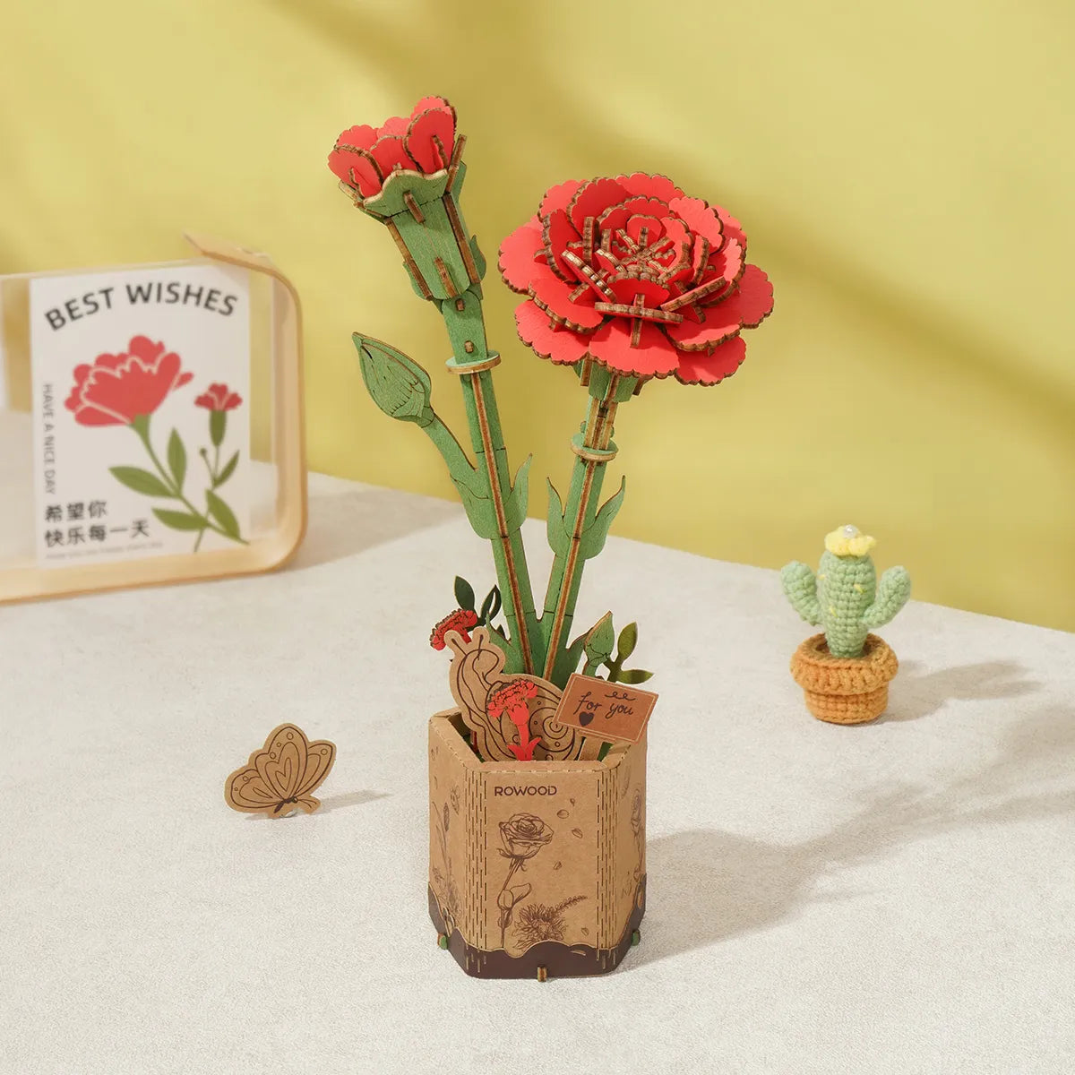 Red Carnation Diy Wooden Flower 3D Puzzles