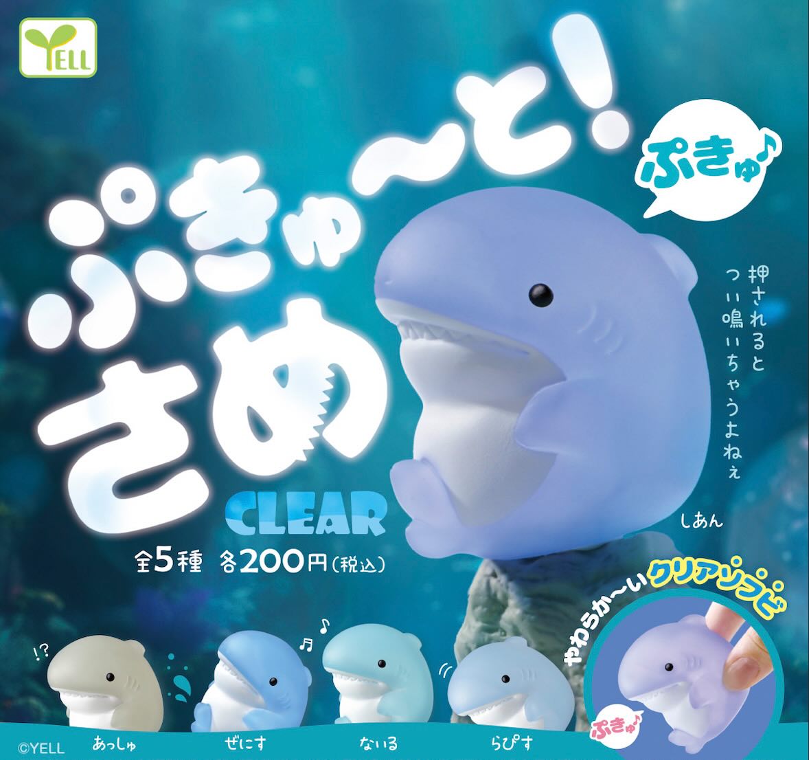 Pukyuu! Same CLEAR Gacha Series toy shark, pre-order. Hand holds the blue and white toy, featured in Strangecat Toys' blind box collection.