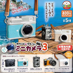 Sound x Flash Mini Camera 3 Gacha Series poster featuring various toy cameras, available for preorder, shipping April 2025.