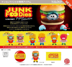 Junk Foodies Gacha Series toy poster featuring playful burger and fries designs. Preorder available, ships April 2025.