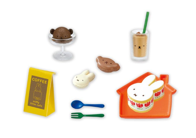 Miffy little cafe Re-ment Blind Box Series featuring toy designs including a bunny cake and chocolate bear, part of an 8-design collectible set.