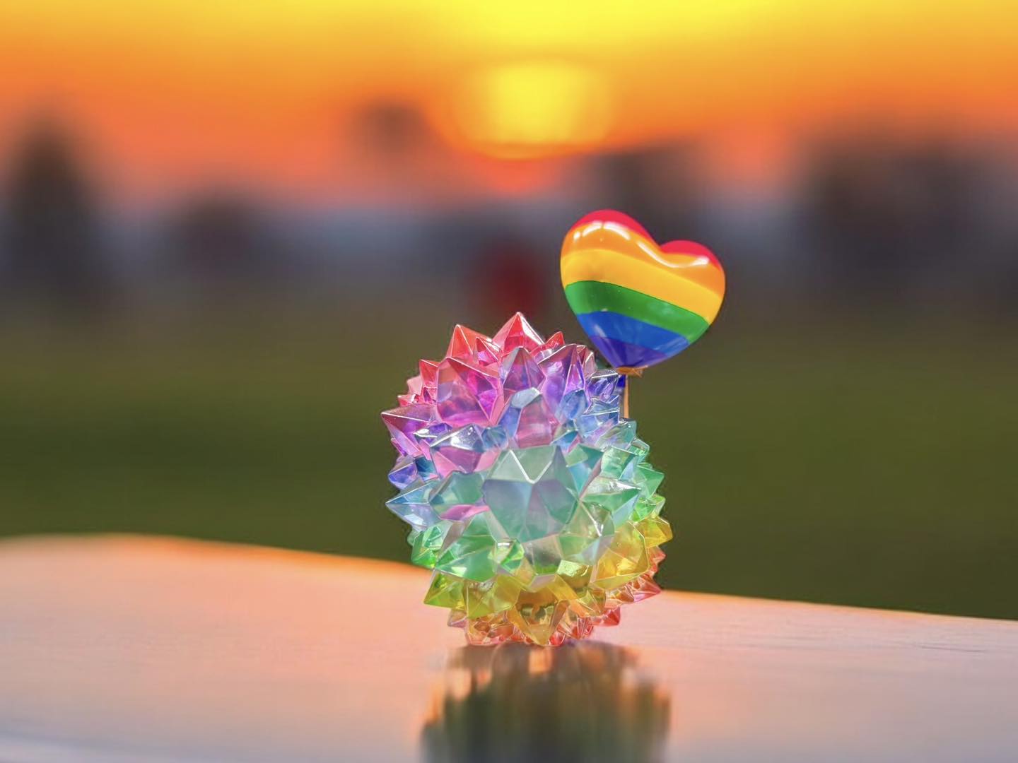 Hogkey Rainbow Heart Balloon: A 12 cm tall resin crystal ball with a heart-shaped balloon on top, reflecting vibrant artistry.