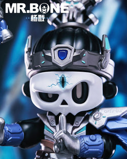 MR.BONE YANGJIAN Limited Edition toy figure, featuring a skull face, blue eye, and helmet. Preorder for April 2025. 9 inches tall, limited to 400 pieces.