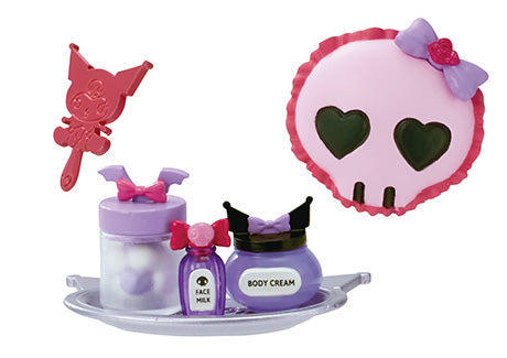 Kuromi's Gothic Room - Re-ment Blind Box Series featuring toys, including a pink skull with hearts and a bow, displayed on a plate.