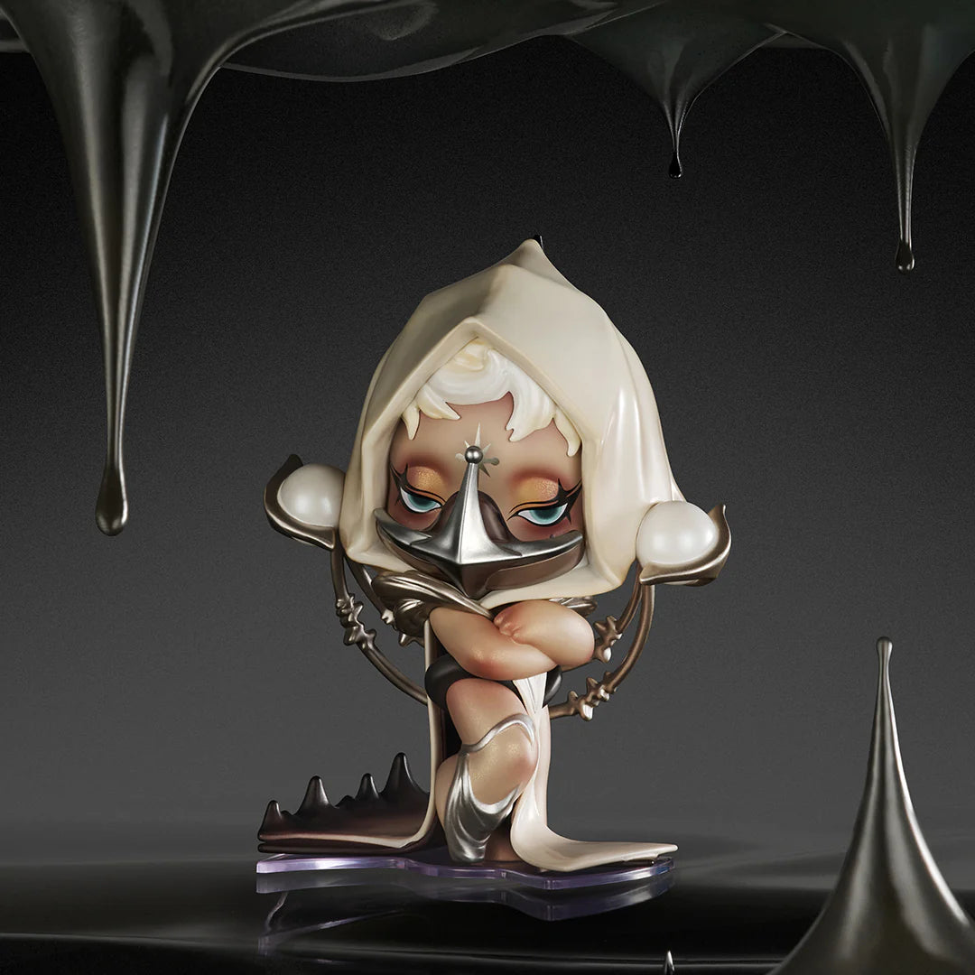 Alt text: SKULLPANDA The Sound Blind Box Series figurine, featuring a girl in a white hood, part of a collection with 12 designs and 1 secret.