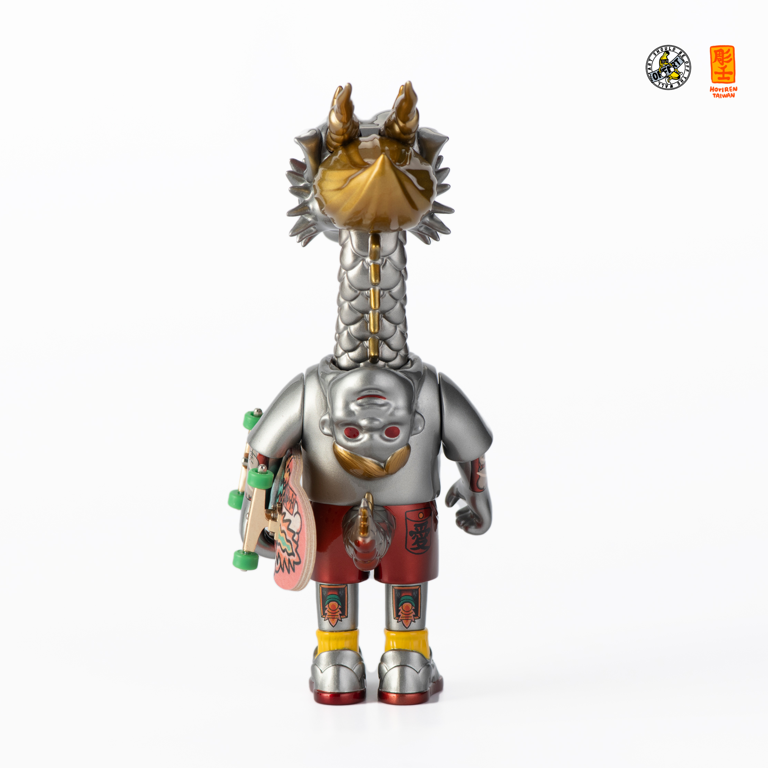 A blind box and art toy store product alt text: OFFART X Horiren Like A Dragon Meow Type Mecha figurine, a toy robot skateboarder embodying dragon spirit in vinyl, 18CM tall. From Strangecat Toys.