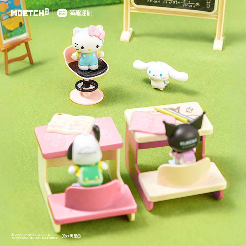 Sanrio characters Adorable Backpack Series Moetch Bean set featuring toy figurines of a cat and dog in a classroom setting.