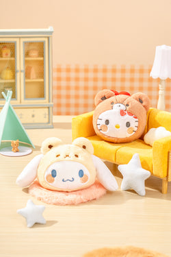 Sanrio characters Cross Dressing Series Plush Relaxing Toy in a dollhouse setting with various stuffed animals and a white star-shaped pillow.