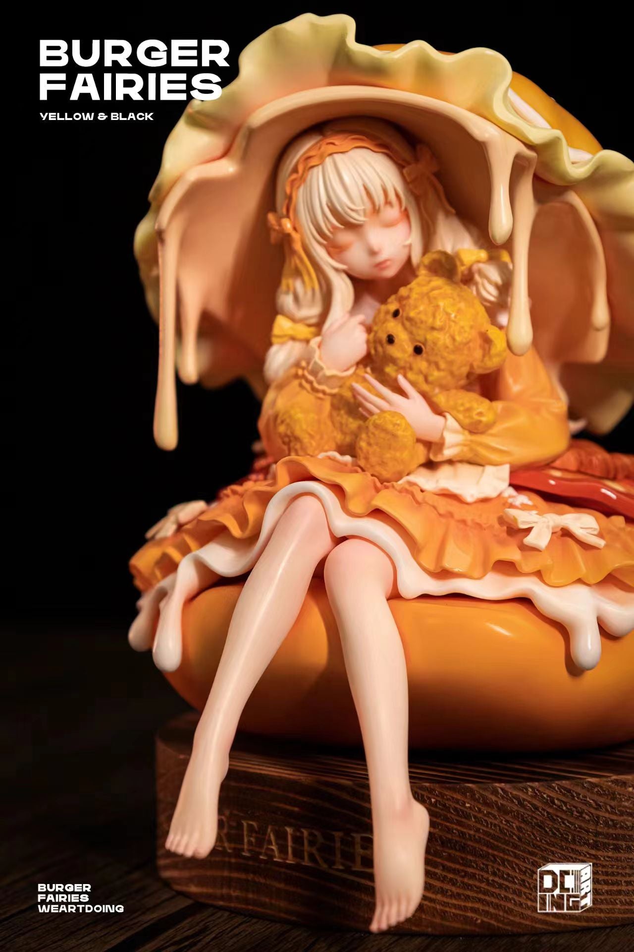 The Sleeping Beauty-Burger Fairies-Yellow collectible statue of a girl holding a teddy bear, preorder for Q1 2025, limited edition resin.