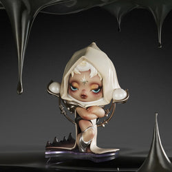 Alt text: SKULLPANDA The Sound Blind Box Series statue of a girl in a white robe and hood.
