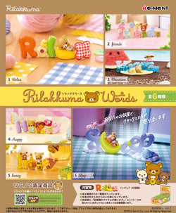 A collage of a toy bear on a moon, a pillow, and cartoon characters from the Rilakkuma Words Re-ment Blind Box Series.