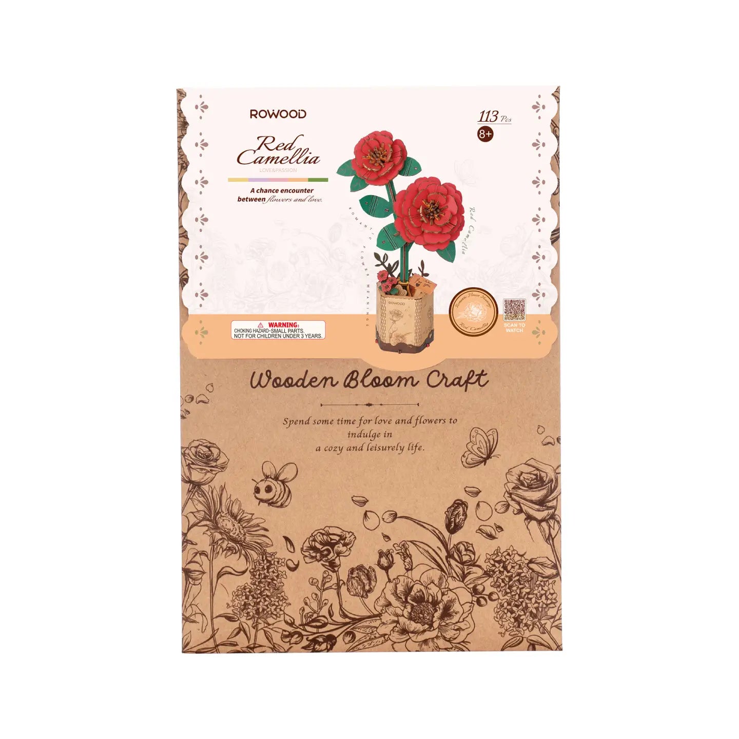 Wooden 3D puzzle of a red camellia flower by Rowood. Craft paper box with floral design. Inspire creativity with 96 wooden pieces. Perfect for decor or gifting. Dimensions: 9.6 x 6.5 x 0.3 in.