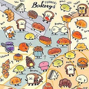 Petit petit fluffy bakeries Sticker Sheet featuring cartoon illustrations of bread and pastries, ideal for art toy enthusiasts from Strangecat Toys.