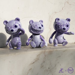 A group of movable purple teddy bears with smiling faces, about 16cm high, made of soft vinyl by Mr.F.