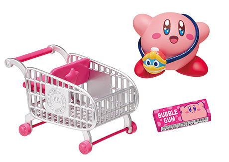 Alt text: Kirby's PuPuPu Market toy shopping cart from Re-ment Blind Box Series, featuring Kirby with a blue collar.