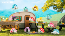 Sanrio characters Rainbow Tent Blind Bag Bean Series toy collection displayed outdoors with various designs and repeats.