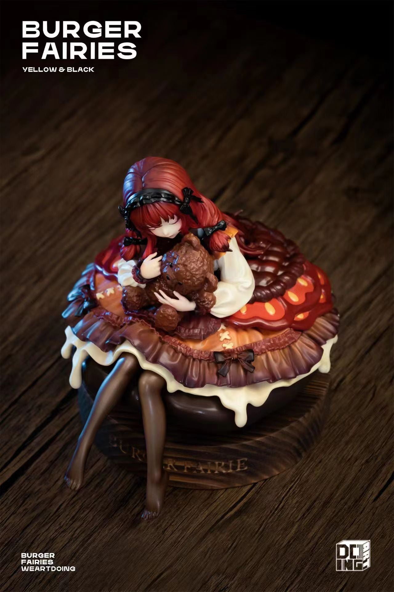 The Sleeping Beauty-Burger Fairies-Black figurine of a girl holding a teddy bear, preorder for Q1 2025, limited edition resin with wooden base.